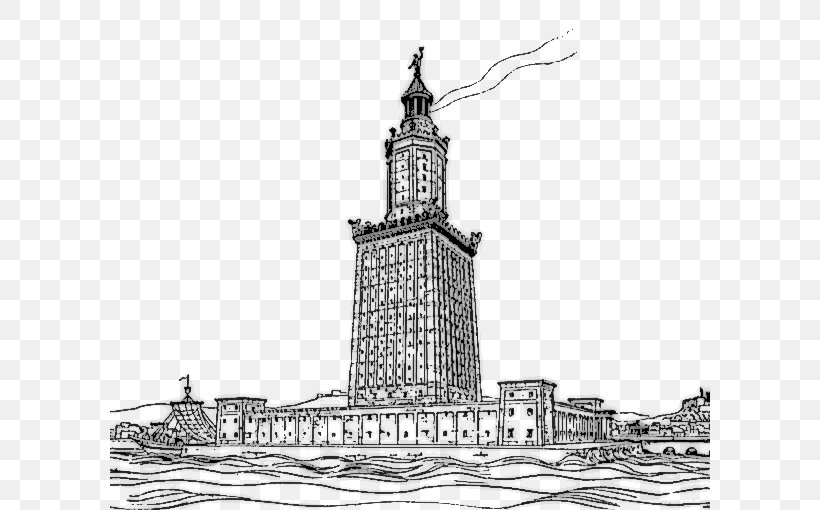 Lighthouse Of Alexandria Library Of Alexandria Faros New7Wonders Of The World Colossus Of Rhodes, PNG, 600x510px, Lighthouse Of Alexandria, Alexandria, Alexandria Governorate, Antipater Of Sidon, Black And White Download Free