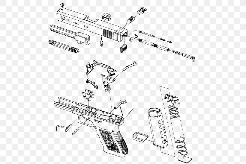 GLOCK 19 Exploded-view Drawing 克拉克42 Firearm, PNG, 500x548px, Glock, Auto Part, Black And White, Body Jewelry, Diagram Download Free