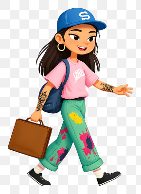 Fashionable Cartoon Student - Girl Walking With Backpack And Briefcase PNG