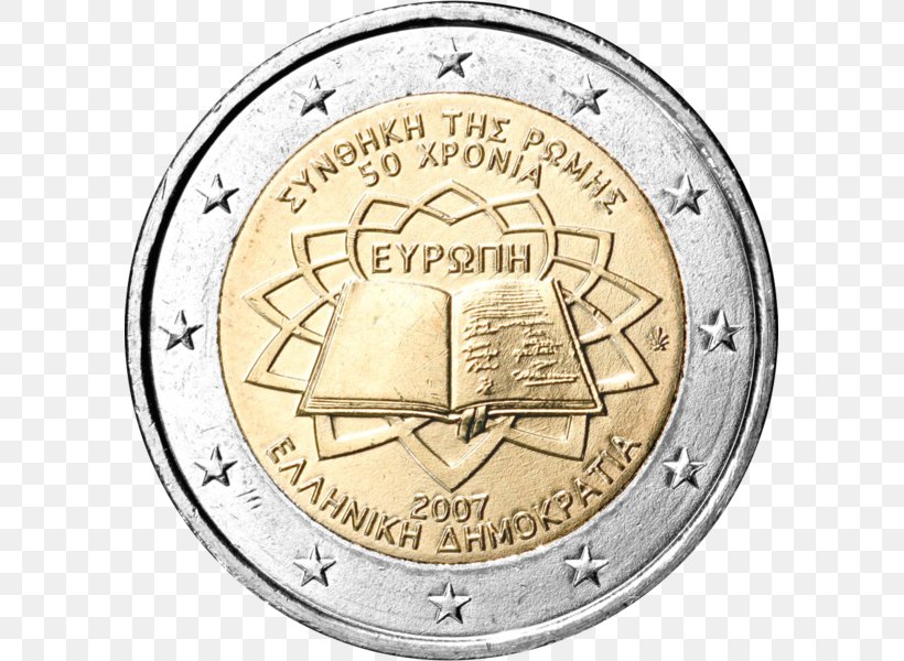 Greece Treaty Of Rome 2 Euro Coin 2 Euro Commemorative Coins Euro Coins, PNG, 593x600px, 2 Euro Coin, 2 Euro Commemorative Coins, 10 Euro Note, Greece, Coin Download Free