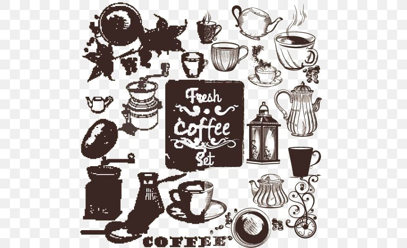Coffee Cup Cafe, PNG, 500x500px, Coffee, Black And White, Brand, Cafe, Coffee Bean Download Free