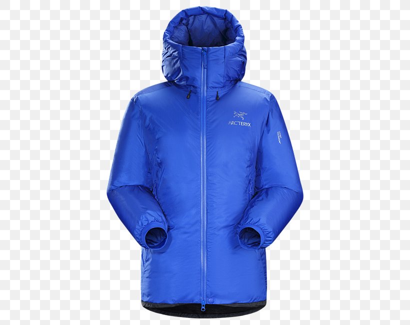 Parka Arc'teryx Jacket Down Feather Hoodie, PNG, 650x650px, Parka, Blue, Clothing, Cobalt Blue, Down Feather Download Free