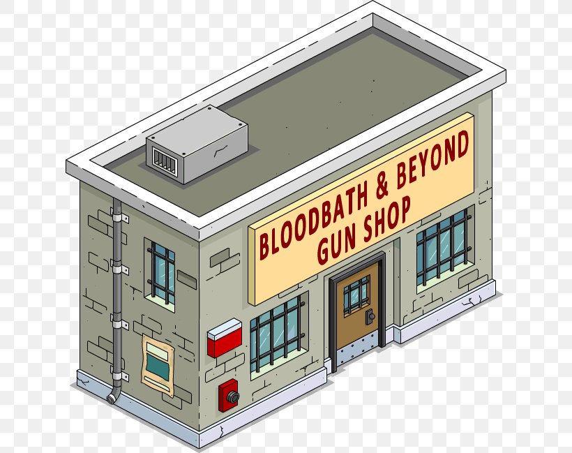 The Simpsons: Tapped Out Gun Shop Game Facade Gun Control, PNG, 632x649px, Simpsons Tapped Out, Blood, Building, Elevation, Facade Download Free
