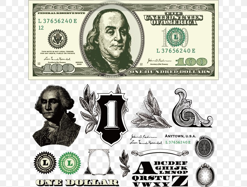 United States One-dollar Bill United States Dollar United States One Hundred-dollar Bill Euro/dollar, PNG, 632x622px, United States Onedollar Bill, Banknote, Black And White, Brand, Cash Download Free