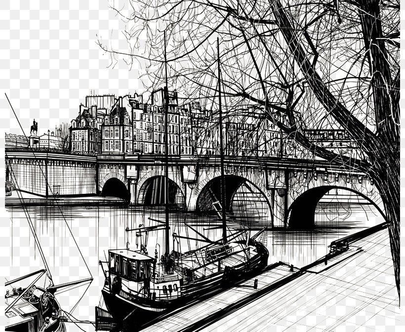 Pont Neuf Xcele De La Citxe9 Drawing Illustration, PNG, 800x673px, Pont Neuf, Architecture, Black And White, Bridge, Canal Download Free