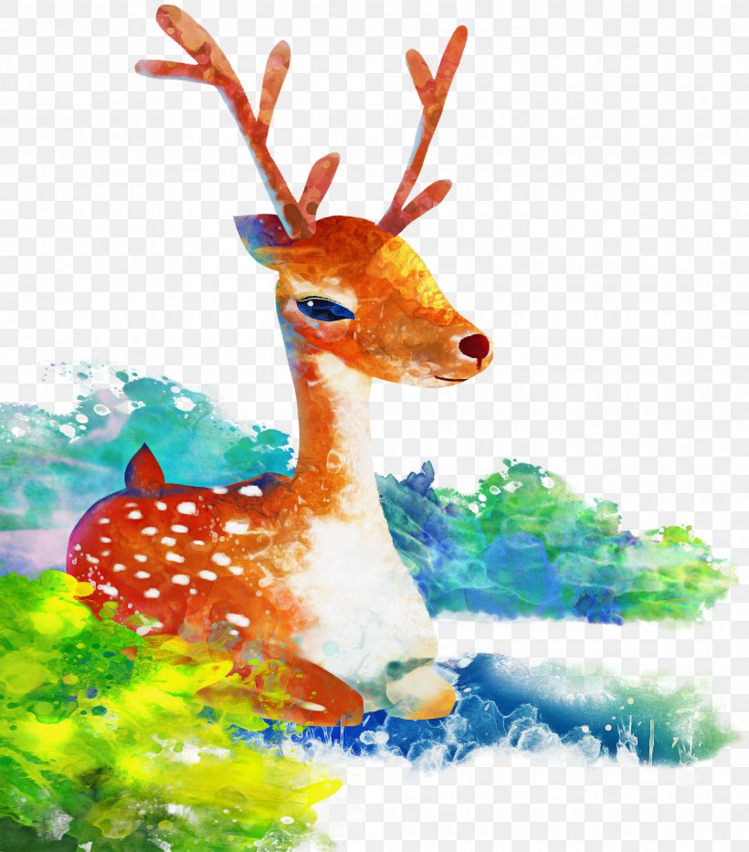 Reindeer, PNG, 2010x2289px, Deer, Fawn, Reindeer, Roe Deer, Watercolor Paint Download Free
