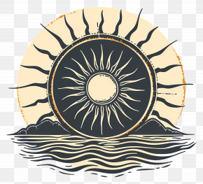 Sun Silhouette - Vintage Sun And Ocean Illustration PNG