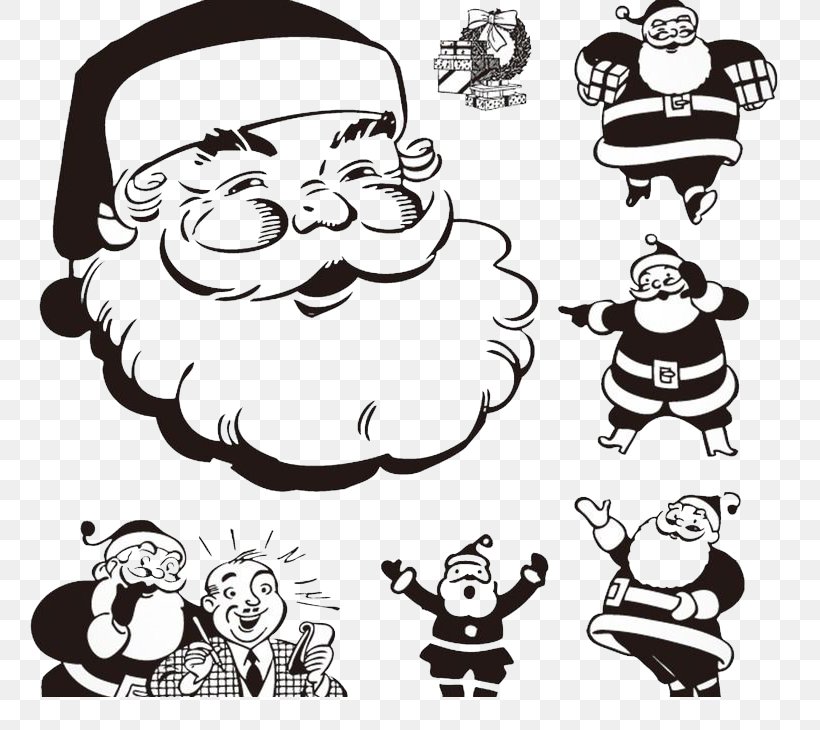 Santa Claus T-shirt Christmas Clip Art, PNG, 800x730px, Santa Claus, Art, Black And White, Cartoon, Christmas Download Free