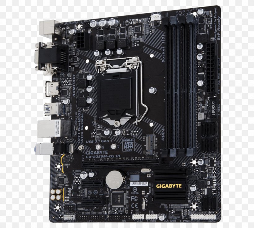 Intel LGA 1151 Motherboard GIGABYTE GA-B250M-DS3H Gigabyte Technology, PNG, 1000x900px, Intel, Atx, Central Processing Unit, Computer, Computer Accessory Download Free