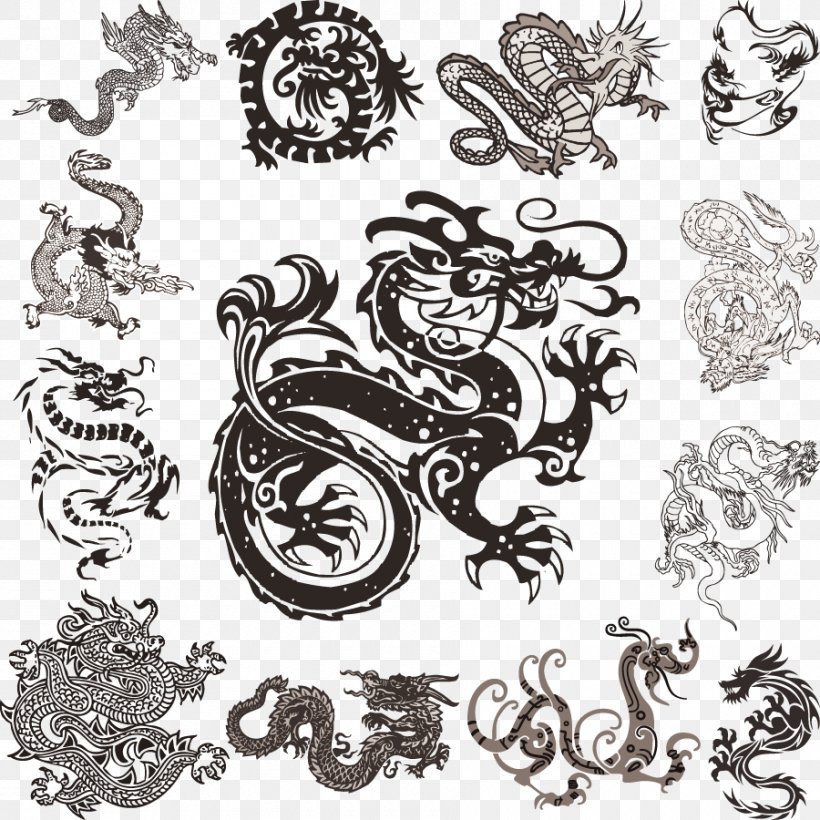 Chinese Dragon Pattern, PNG, 900x900px, Chinese Dragon, Art, Black And White, Chinese New Year, Chinese Paper Cutting Download Free