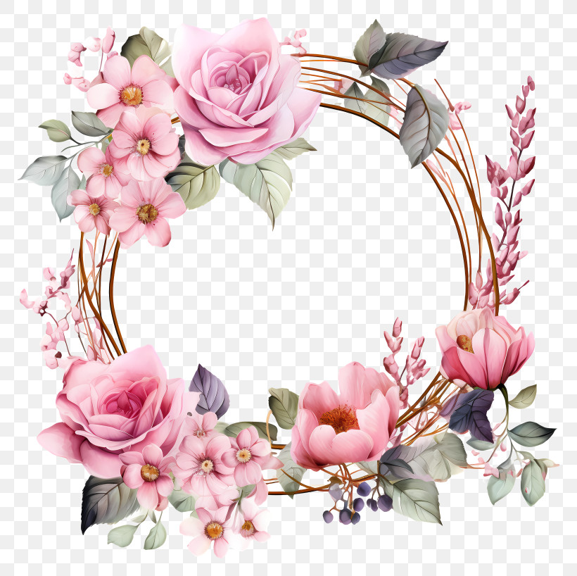 Watercolor Wedding Flower Frame - Floral Wreath With Pink Flowers And Leaves PNG