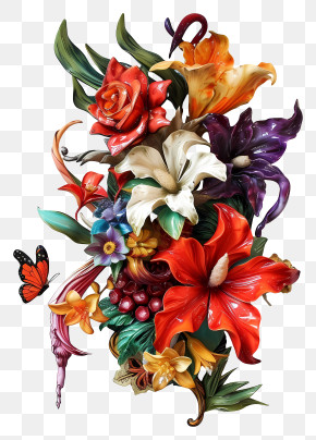 Mardi Gras Flower Art - Vibrant Floral Bouquet With Butterfly PNG