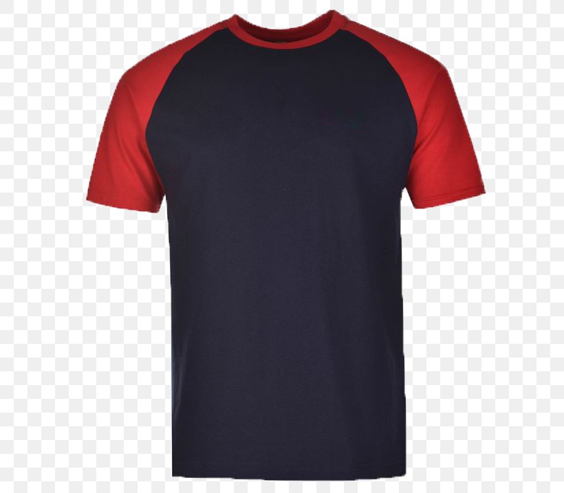 red and blue raglan shirt