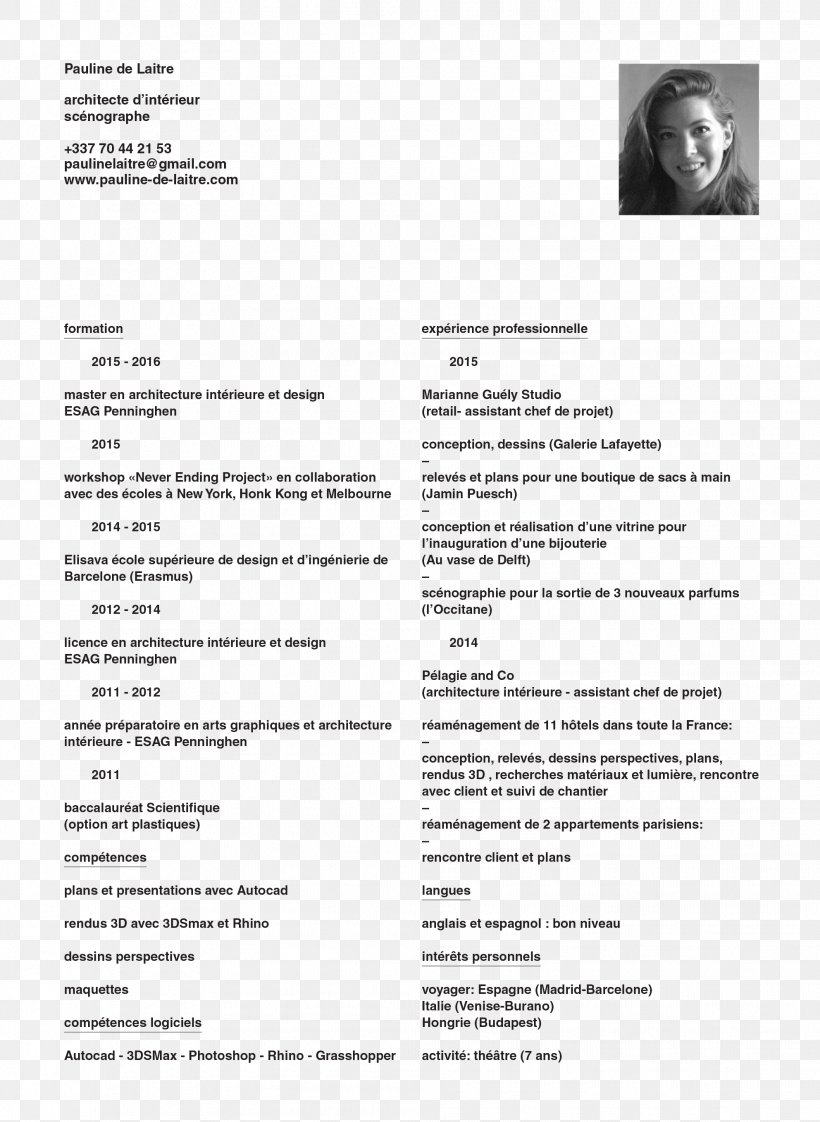 De Laitre Eleonore Curriculum Vitae Architecture Interior Design Services Document, PNG, 1984x2716px, Curriculum Vitae, Architect, Architecture, Area, Black And White Download Free