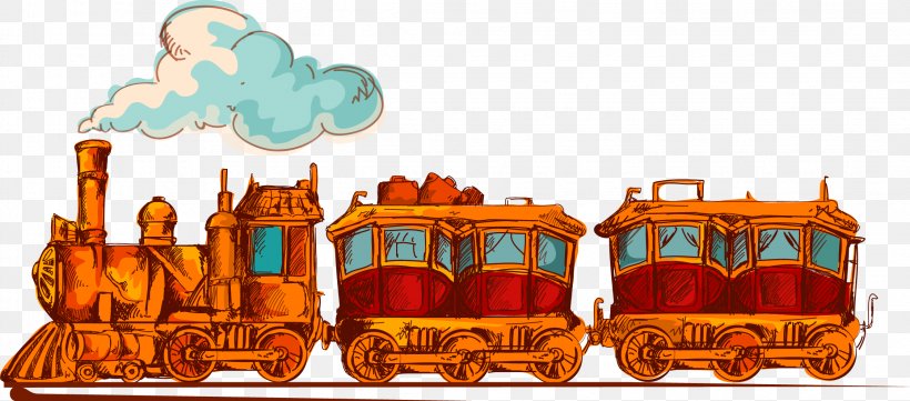 Train Steam Locomotive Illustration, PNG, 2244x988px, Train, Advertising, Cartoon, Locomotive, Orange Download Free