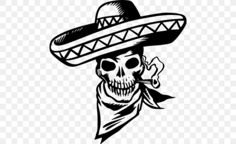 Sombrero Skull Wall Decal Sticker, PNG, 500x500px, Sombrero, Apron, Black And White, Bone, Decal Download Free