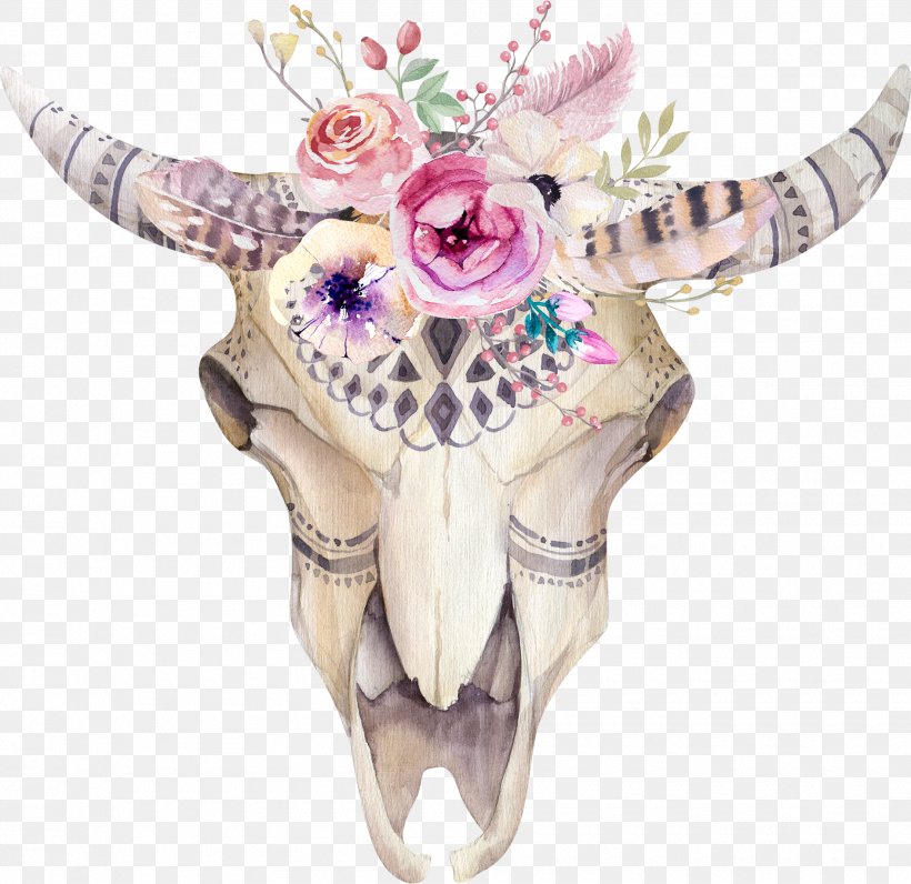 T-shirt Skull Watercolor Painting Stock Photography Flower, PNG, 1890x1835px, Tshirt, Antler, Bohochic, Bone, Clothing Download Free
