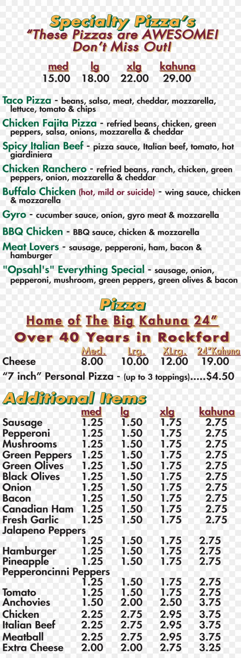Opsahl's Homemade Pizza Opsahl's Pizza Menu El Ranchero Document, PNG, 919x2505px, Pizza, Area, Coupon, Document, Illinois Download Free