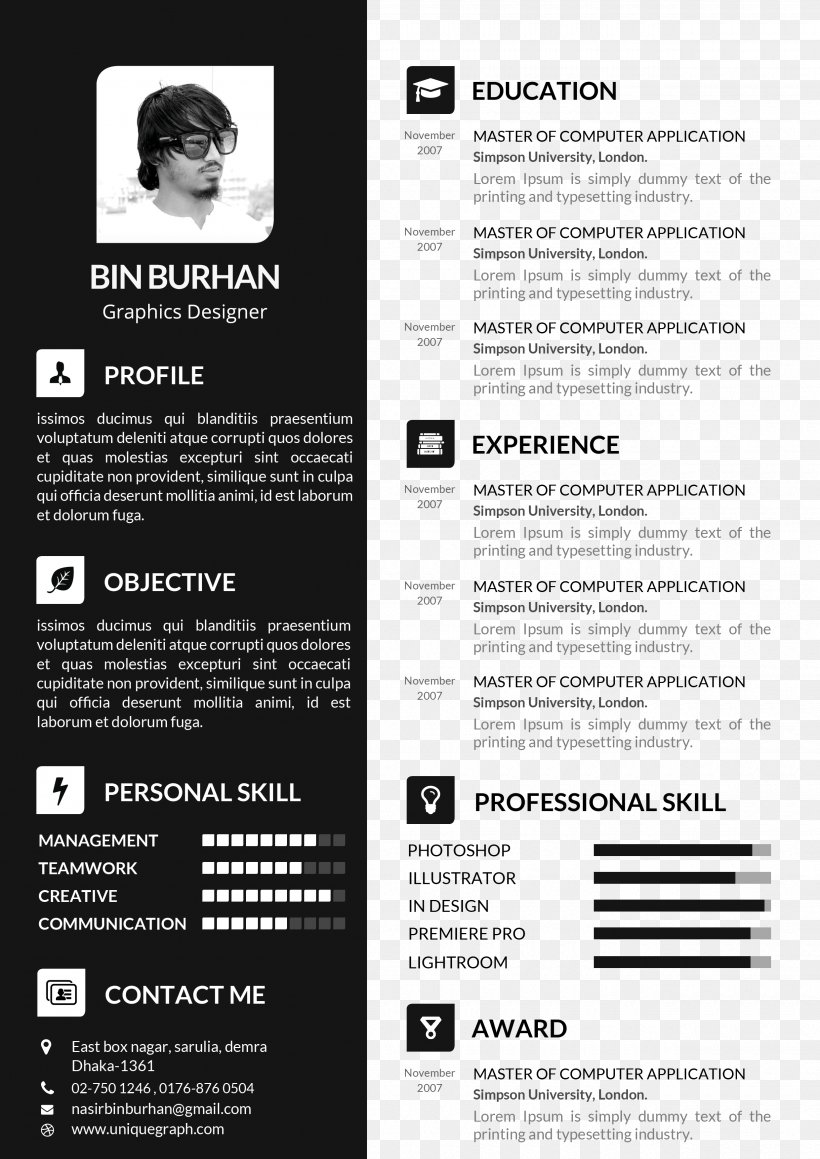 Résumé Template Curriculum Vitae Cover Letter, PNG, 2480x3508px, Resume, Adobe Indesign, Advertising, Black And White, Cover Letter Download Free