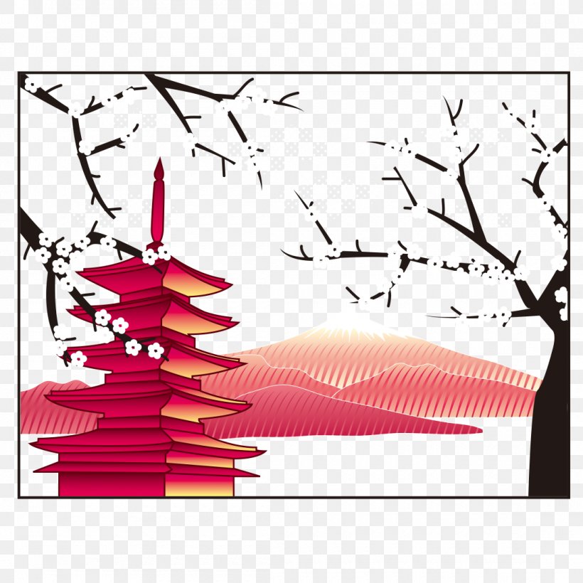 Mount Fuji Japanese Pagoda Illustration, PNG, 1100x1100px, Mount Fuji, Area, Branch, Cherry Blossom, Flower Download Free