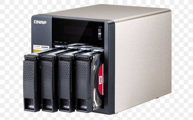 Network Storage Systems QNAP TS-453A Hard Drives QNAP Systems, Inc. Serial ATA, PNG, 4500x2813px, Network Storage Systems, Computer Case, Computer Data Storage, Computer Servers, Data Storage Download Free