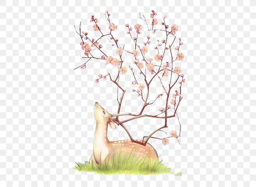 Deer Illustration Cherry Blossom Design Clip Art, PNG, 424x600px, Deer, Art, Blossom, Branch, Cherry Blossom Download Free