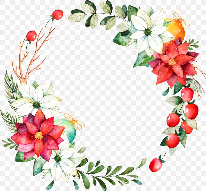 Christmas Day Wreath Poinsettia Watercolor Painting Ded Moroz, PNG, 3867x3586px, Christmas Day, Branch, Christmas Decoration, Christmas Ornament, Christmas Tree Download Free