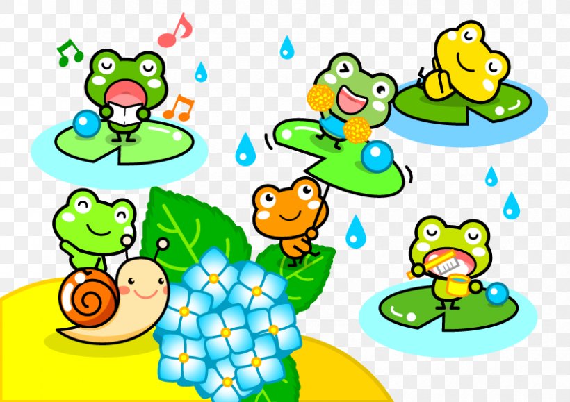 Frog Illustration Clip Art Rain Text, PNG, 842x595px, Frog, Area, Artwork, Cartoon, East Asian Rainy Season Download Free