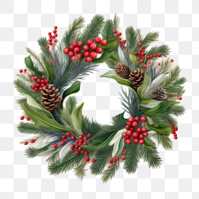 Christmas Evergreen Boughs Wreath - Elegant Christmas Wreath With Pine And Red Berries PNG