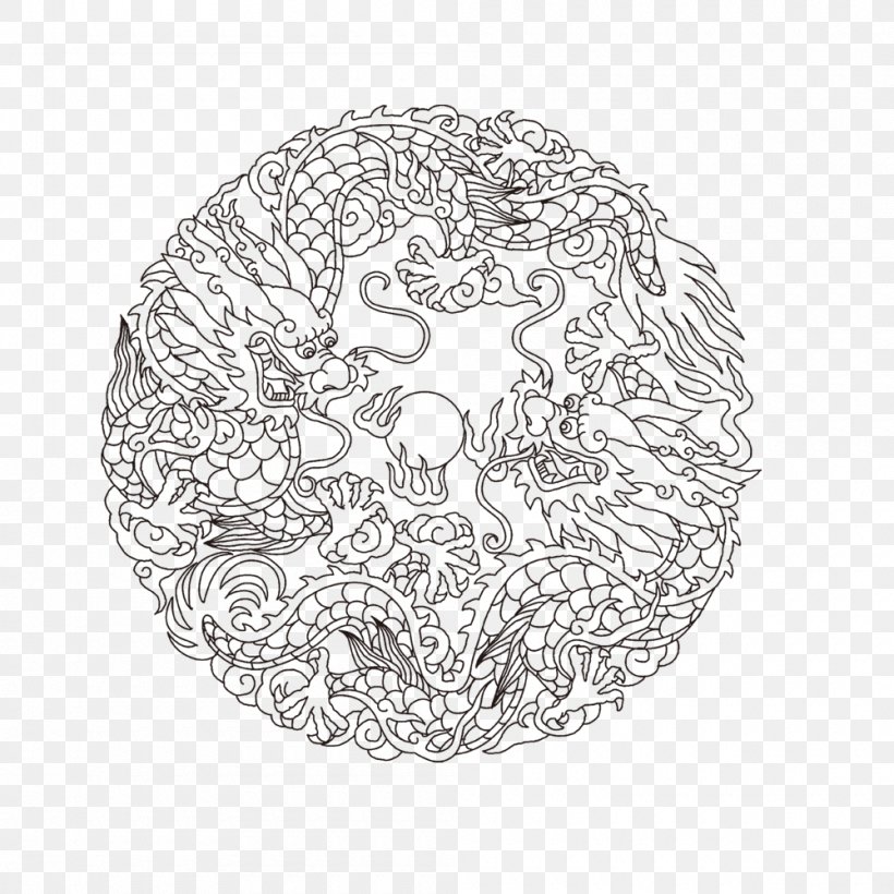 Chinese Dragon Paper Black And White, PNG, 1000x1000px, Chinese Dragon, Art, Black And White, Coloring Book, Dragon Download Free