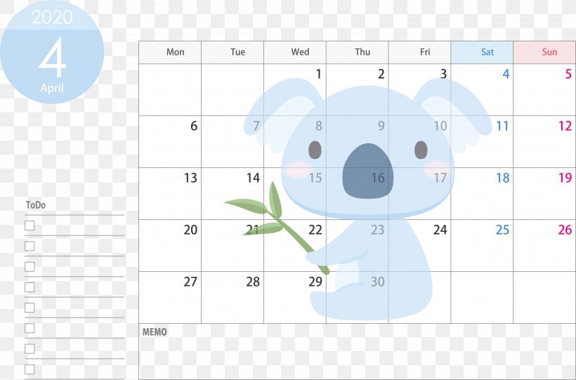 April 2020 Calendar April Calendar 2020 Calendar, PNG, 3000x1982px, 2020 Calendar, April 2020 Calendar, April Calendar, Koala, Line Download Free