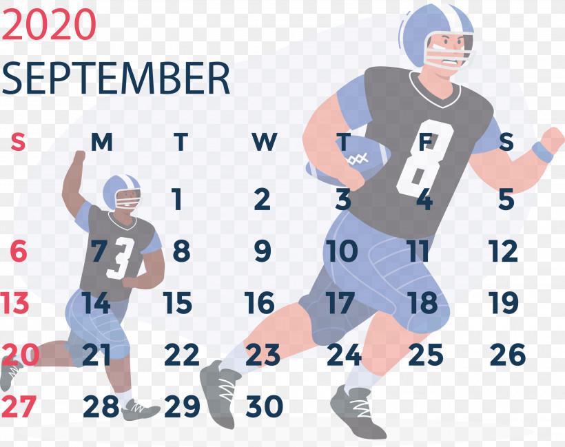 September 2020 Calendar September 2020 Printable Calendar, PNG, 3000x2378px, September 2020 Calendar, American Football, American Football Player, Ball, Competition Download Free