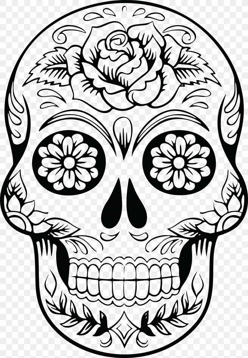 Calavera Skull Mexican Cuisine Clip Art, PNG, 4000x5790px, Calavera, Art, Artwork, Black And White, Bone Download Free