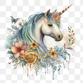 Watercolor Unicorn - Fantasy Unicorn With Floral Accents PNG