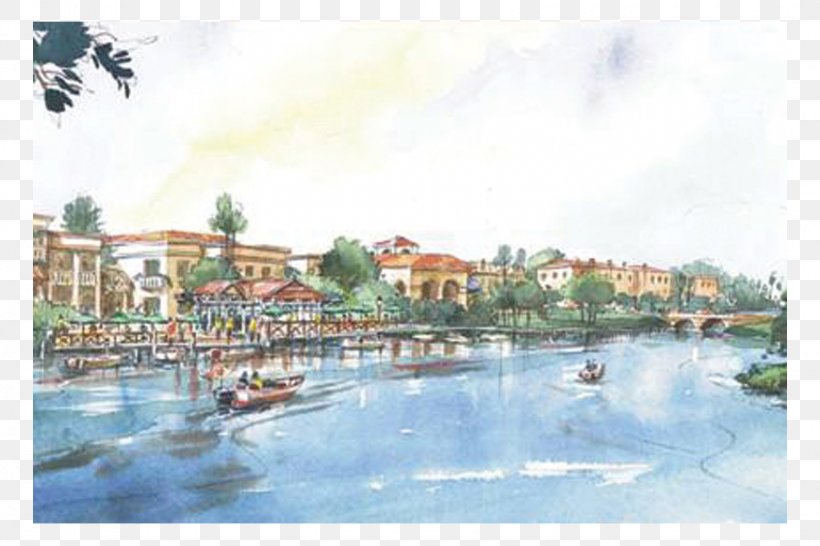 Watercolor Painting Waterway Resort Water Resources, PNG, 870x580px, Watercolor Painting, Bay, Inlet, Leisure, Paint Download Free