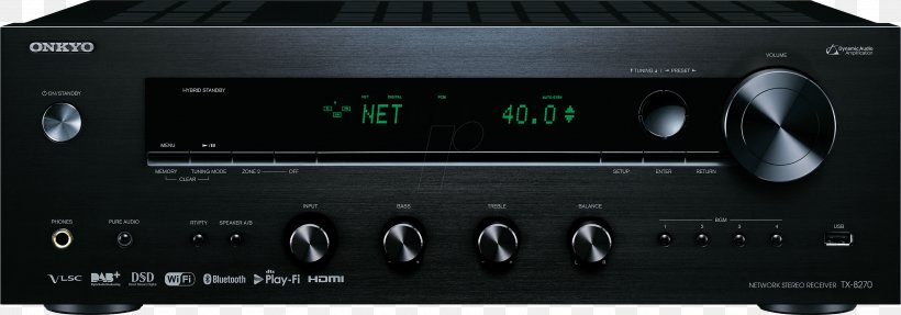 AV Receiver Audio High Fidelity Home Theater Systems Onkyo TX-8270 Network Stereo Receiver, PNG, 2999x1050px, Av Receiver, Amplifier, Audio, Audio Equipment, Audio Receiver Download Free