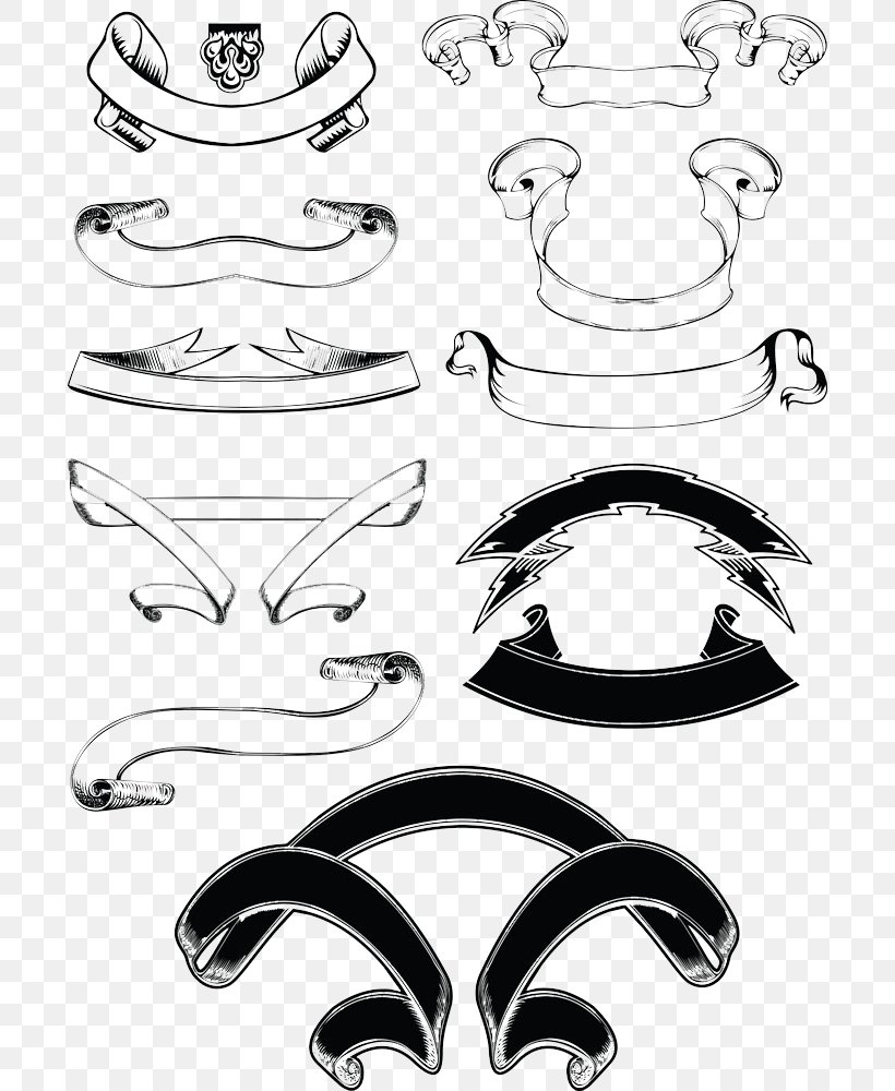 Vector Ribbon, PNG, 696x1000px, Scroll, Advertising, Banner, Black And White, Body Jewelry Download Free
