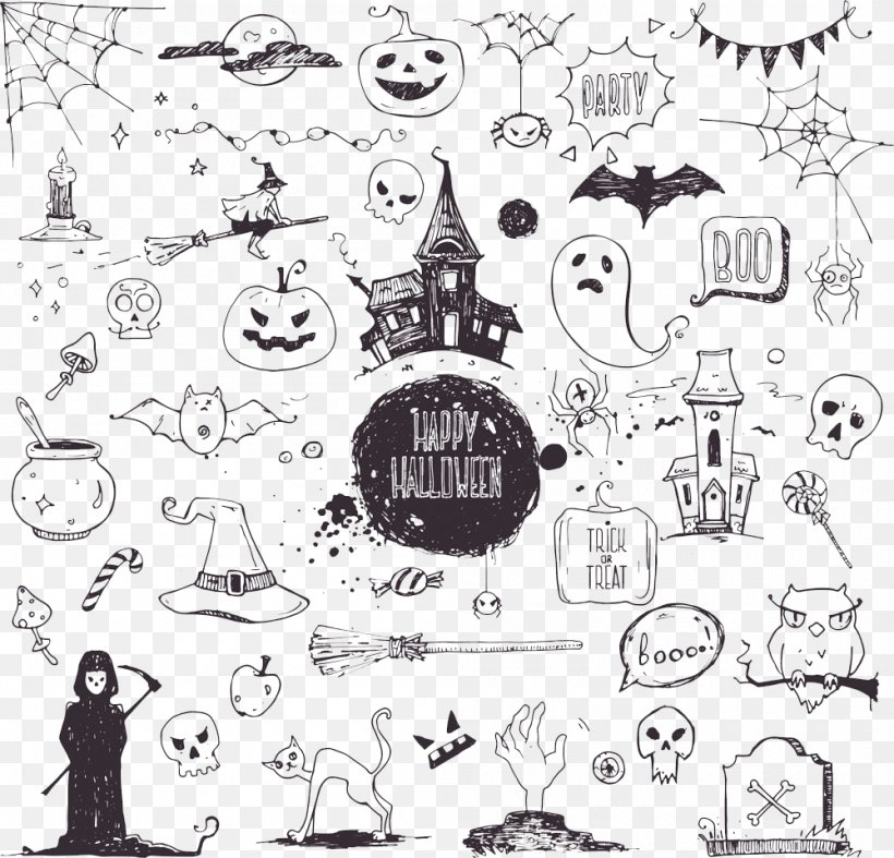 Halloween Drawing Illustration, PNG, 1000x960px, Halloween, Art, Artwork, Black And White, Cartoon Download Free