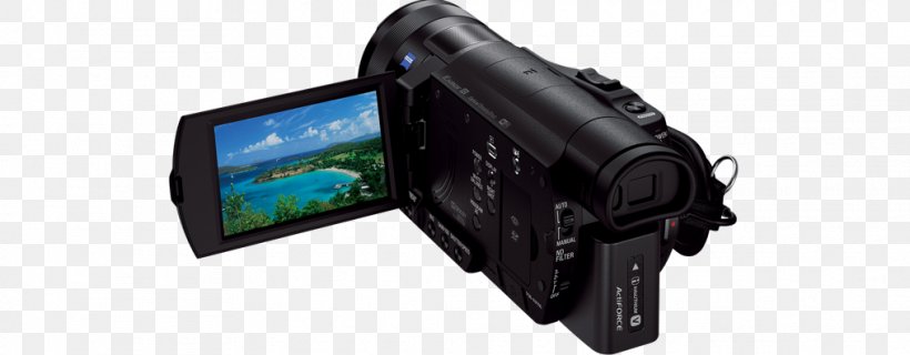 Camcorder Sony Corporation 4K Resolution Sony Handycam FDR-AX100, PNG, 1014x396px, 4k Resolution, Camcorder, Camera, Camera Accessory, Communication Download Free