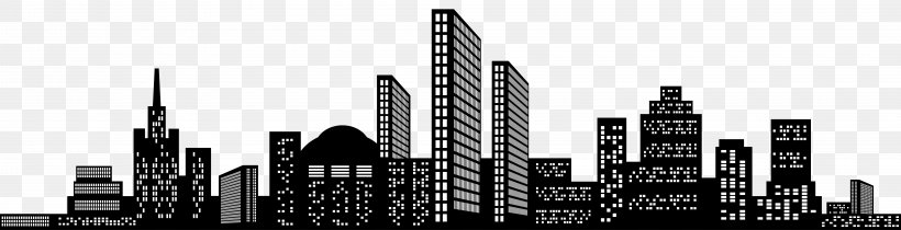 Cityscape Skyline Silhouette Clip Art, PNG, 8000x2049px, Cityscape, Art, Black And White, Building, City Download Free