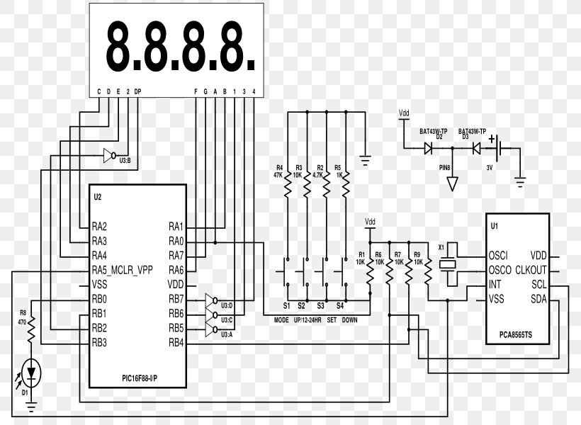 NXP Semiconductors Electronics Real-time Clock Schematic Microcontroller, PNG, 800x600px, Nxp Semiconductors, Alarm Clocks, Area, Artwork, Black And White Download Free