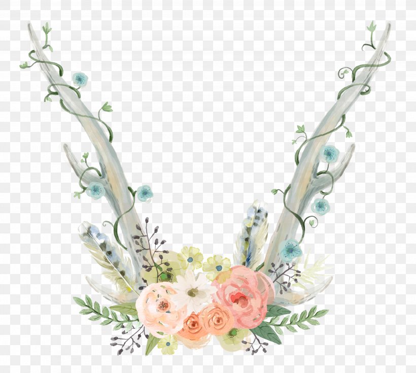 Watercolour Flowers Watercolor Painting Antler Clip Art, PNG, 3830x3434px, Watercolour Flowers, Antler, Body Jewelry, Cut Flowers, Drawing Download Free