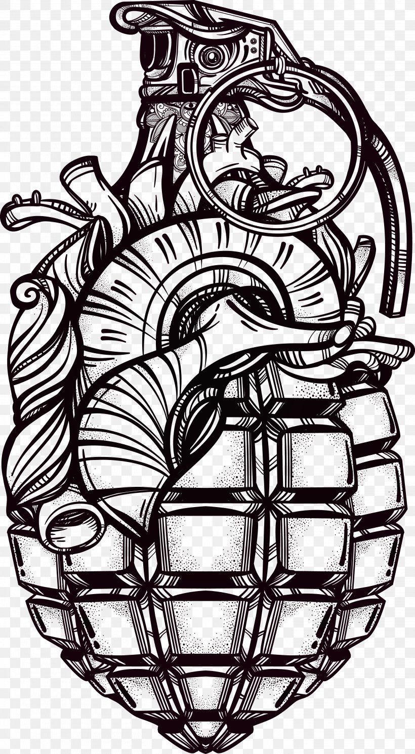 Grenade Tattoo Drawing Weapon, PNG, 2918x5303px, Watercolor, Cartoon, Flower, Frame, Heart Download Free