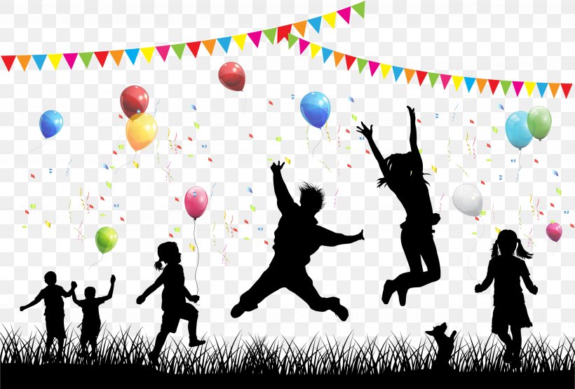 Child Party Bouncing Around The House, PNG, 3484x2362px, Silhouette, Art, Balloon, Child, Drawing Download Free