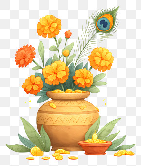Dhanteras - Flower Pot With Marigolds PNG
