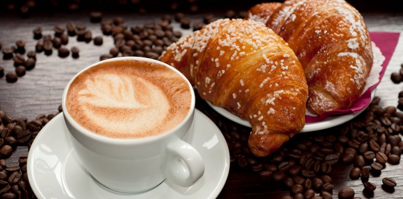 Cappuccino Coffee Cafe Breakfast Croissant, PNG, 1624x804px, Cappuccino, Bar, Bread, Breakfast, Brioche Download Free