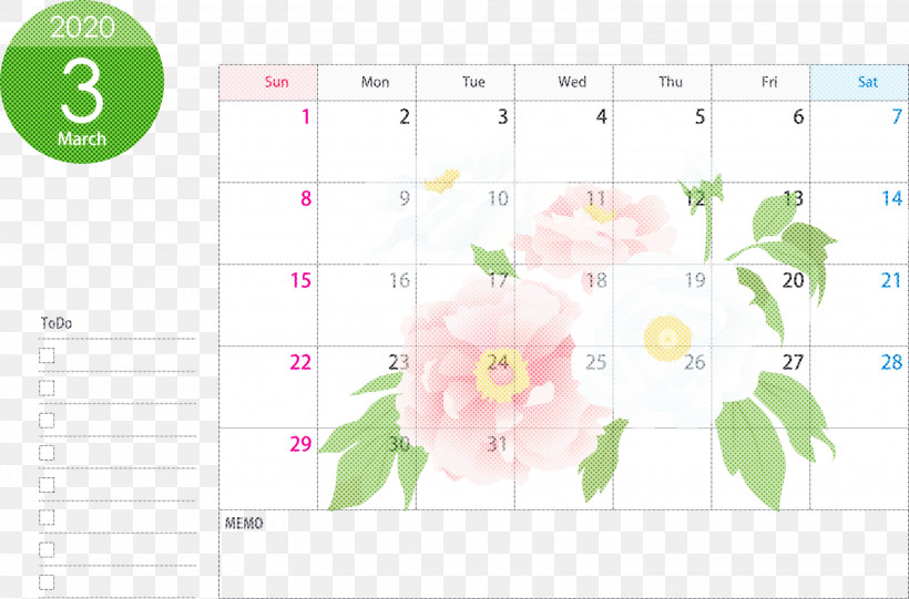March 2020 Calendar March 2020 Printable Calendar 2020 Calendar, PNG, 3000x1982px, 2020 Calendar, March 2020 Calendar, Diagram, Floral Design, Flower Download Free
