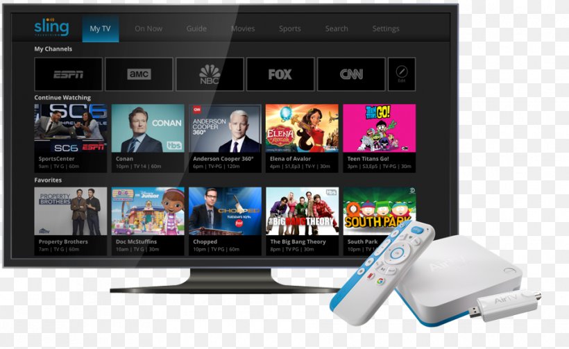 Sling TV AirTV Player Television Channel Streaming Media, PNG, 955x586px, Sling Tv, Android Tv, Computer Monitor, Cordcutting, Digital Media Player Download Free