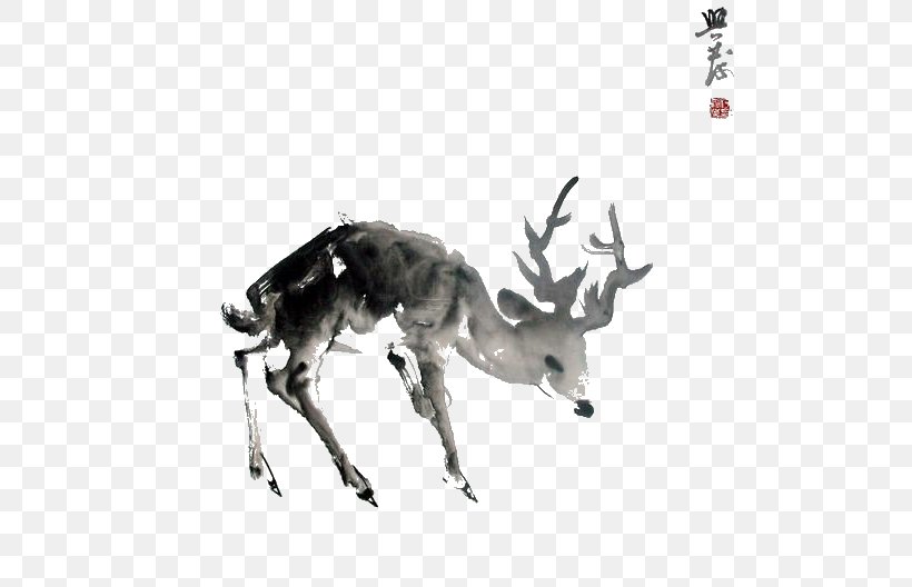 Red Deer Moose Ink Wash Painting, PNG, 510x528px, Deer, Antler, Fauna, Gratis, Ink Download Free