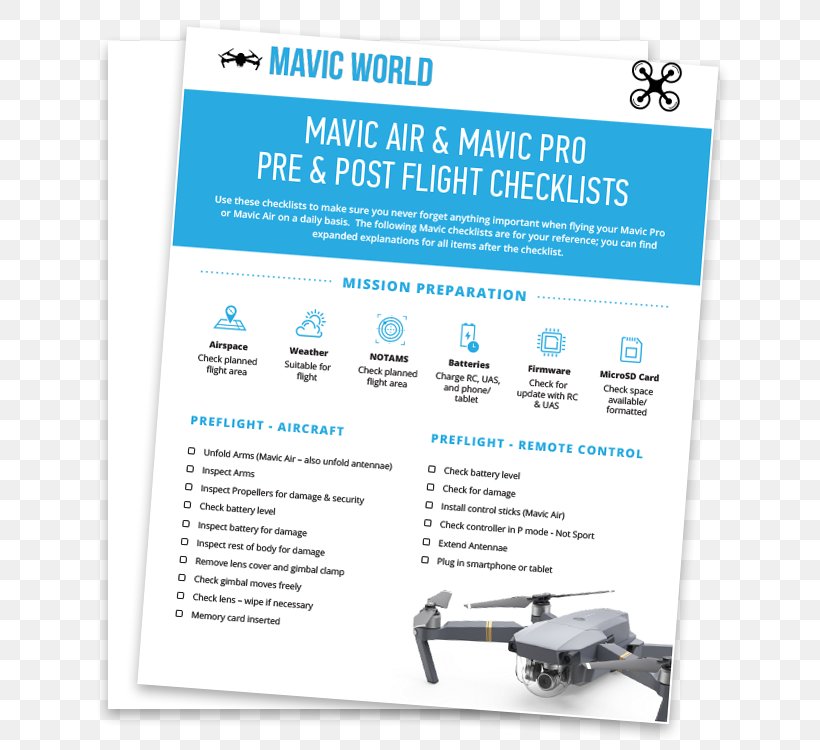 Mavic Pro Unmanned Aerial Vehicle DJI Preflight Checklist Brand, PNG, 750x750px, Mavic Pro, Advertising, Brand, Checklist, Customer Download Free